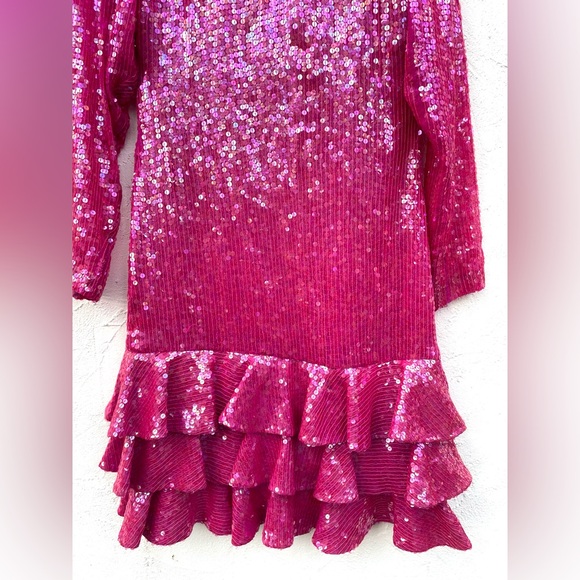 Vintage 80βs SEQUINS Hot Pink Cocktail Dress/ 80βs PINK Sheath Dress Size 6 - Picture 5 of 13